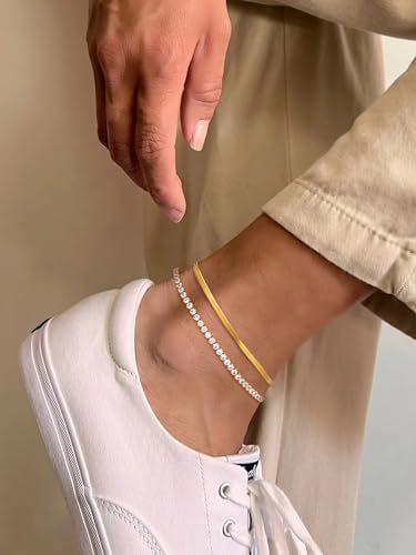 FindChic Black/Silver/Gold Plated Anklets Set of 2PCS/3PCS Herringbone Chain Cuban Link Heart Charm Sparkling Tennis Ankle Bracelets, Waterproof Summer Foot Jewelry for Beach - color: 04. Gold-2PCS Herringbone & Tennis