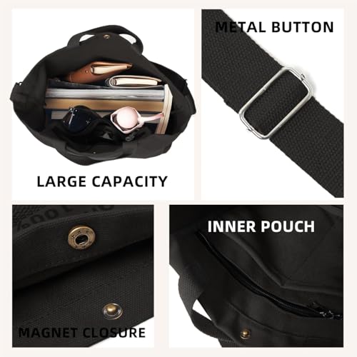 Canvas Tote Bag For Women inside out bag Crossbody Handbag with Adjustable Strap and Coin Purse for Work,Travel,Grocery - color: Black