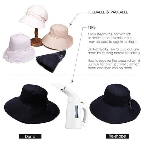 Comhats Packable Summer Cotton Sun Hat Bucket for Women UV Protection Wide Brim Beach Gardening Travel 54-64CM - color: Beige, size: Medium