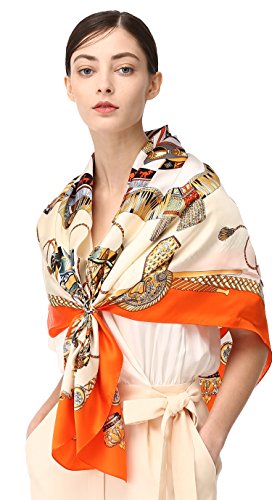 100% Silk Scarves, Extra-Large and XX-Large - color: Royal Drums, Orange