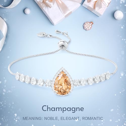 Linawe Crystal Imitation Diamond Rhinestone Charm Bracelets for Women, Gold/Silver/Rose Gold Adjustable Chain Bracelet, Teardrop Birthstone Cubic Zirconia Prom Costume Wedding Jewelry - color: Silver,Champagne