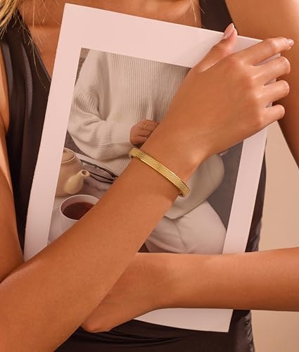 BE & CHEERY Gold Bangle Bracelet for Women, 14k Gold Plated Open Bangle, Stackable Stainless Steel Cuff Bracelets, Chunky Fashion Jewelry for Women, Trendy Elegant Design Bangle as Gifts - style: Textured