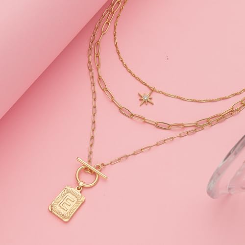 Paxuan Dainty Gold 3-Layer Personalized Initial Necklace for Women - 18K Gold Layered Letter Pendant Necklace Adjustble Paperclip Chain Choker Necklace Jewelry Gifts with Star Charm - style: Letter E