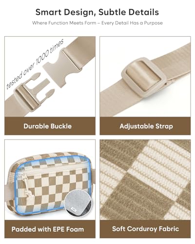 Pritent Fanny Packs for Women Cross Body Bag Waterproof Belt Bag with Adjustable Strap and Zipper Back Pocket Small Crossbody Bags Fashion Waist Packs for Workout Travelling(Checkered Khaki) - color: Checkered Khaki, size: Small