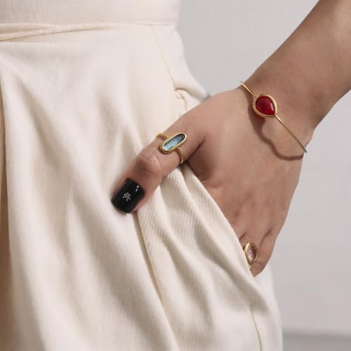 18K Gold Plated Adjustable Twisted Rings for Women Non Tarnish Oval Czech Glass Stone Stainless Steel Statement Rings Open Gemstone Boho Stackable Band Jewelry - color: Light Blue