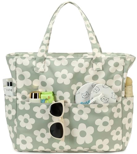 Bluboon Waterproof Beach Tote Pool Bags for Women Ladies Extra Large Carry On Bag With Wet Compartment for Weekender Travel - color: Flower 157 Green Gray