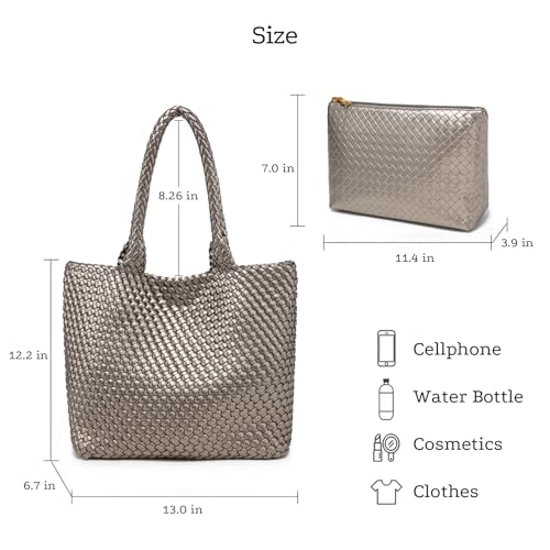 Woven Tote Bag for women,Vegan Leather Woven Satchel Handbag,Shoulder bag with Pouch,Hobo bag fits13-14” laptops - color: Sliver Grey