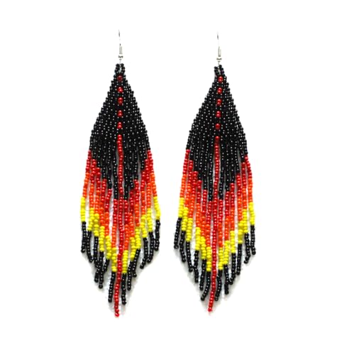 Long Beaded Dangle Earrings – Boho Native Handmade Seed Bead Tassel Bohemian Large Statement Drop Fringes for Women - color: Black , Yello