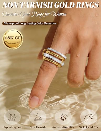 18K Gold Plated Stackable Rings for Women CZ Mixed Metal Statement Rings Set Non Tarnish Interlocked Stacked Ring Unique Connected Band Thumb Ring Fashion Multi-layer Wedding Ring Jewelry Size 6-10 - style: Gold Style B
