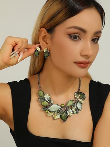 Vintage Chunky Statement Jewelry Set Retro Leaf Floral Geometric Bohemian Boho Bib Necklace Earring Set Fashion Costume Jewelry for Women Girls Wedding Party Prom Unique Gift - style: multi leaves JS black green