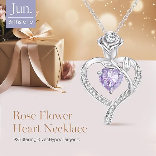 LOUISA SECRET Rose Flower Heart Birthstone Necklaces for Women, 925 Sterling Silver Jewelry, Pendant Heart Necklaces Birthday Anniversary Christmas Gift for Women Wife Mom Girlfriend Lady - color: White Gold-06-Jun