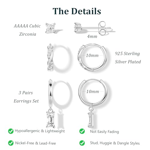 Poxtex Small Sterling Silver Huggie Hoop Earrings Set for Women, Hypoallergenic 14K Gold Plated Hoops Stacks for Multiple Piercings, Dainty Cute Mini Lightweight Cartilage Studs Trendy Jewelry Gift - color: Silver-dangle hoop