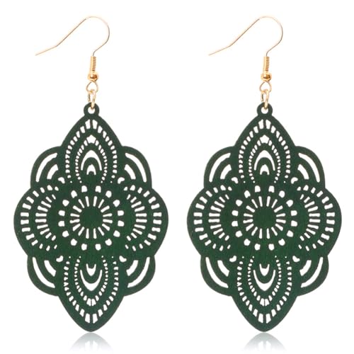 Bohemian Wood Earrings Natural Retro Lightweight Hollow Pattern Geometric Wooden Dangle Drop Earrings Statement Vintage Jewelry - color: Green Earrings