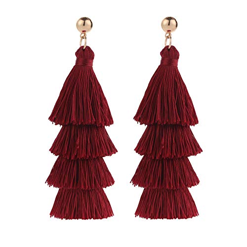 BaubleStar Tassel Earrings Handmade Tiered Thread Tassel Dangle Earrings, Multi Colors - color: Burgundy