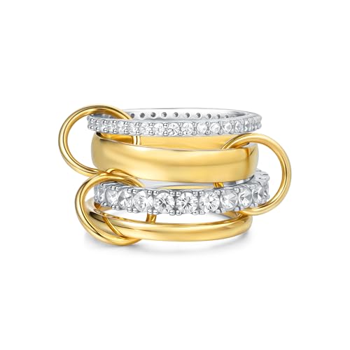 14K Gold Plating and Platinum Plating Stackable Interlocking Ring Set | Anti-Allergy Mixed Metal Multi-Ring Declaration Jewelry | Women's Festival Gift, Mother's Day/Birthday/Engagement Jewelry - size: 7, style: Four-layer ring
