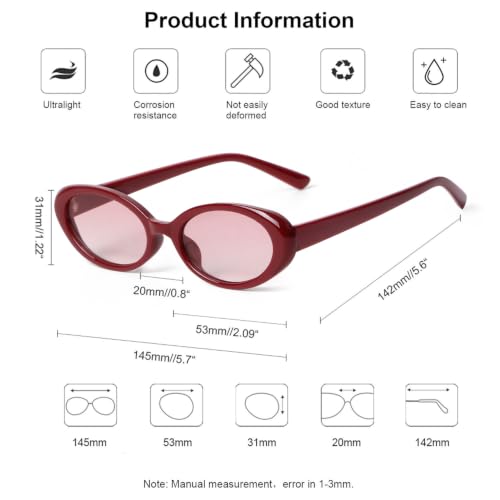 90s Sunglasses for Women Men Retro Small Oval Sunglasses - color: Burgundy/Pink Gradient Lens