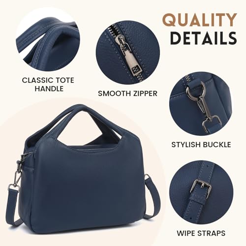 KOGTLA Medium Genuine Leather Purses for Women with Detachable Satchel Strap, Ladies Soft Handbags, Tote Hobo Bags - color: Blue
