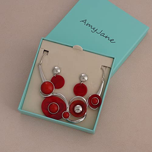 AMYJANE Vintage Statement Jewelry Set - Spring Leaf Flower Floral Plant Necklace Earring Set Crystal Rhinestone Fashion Costume Jewelry for Women Prom Party Unique Gift - style: ML Geometric Round Jewelry Set-Red