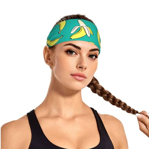 Black and Gold Swirl Liquid Ink Marble Workout Headbands Fashion Sports Sweatbands Yoga Hairbands for Fitness Athletic Non Slip Wicking Headscarf for Men Womens Girls Summer Accessories Elastic Bands - color: Bananas On Green
