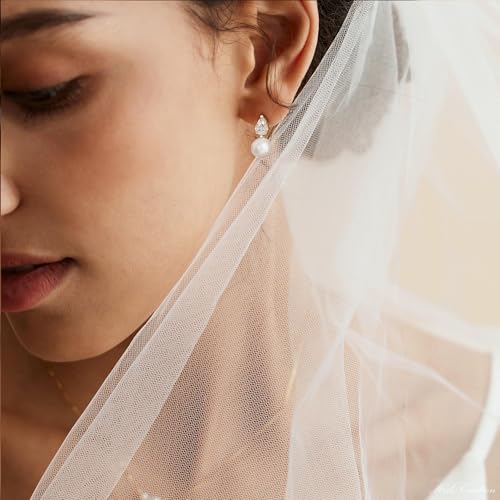 Pearl Earrings for Women, Dainty Wedding Bridal Earrings 14k Gold Plated CZ Pearl Drop Earrings for Women Trendy Hypoallergenic Unique Gold Drop Earrings Fashion Prom Jewelry - color: Gold-J