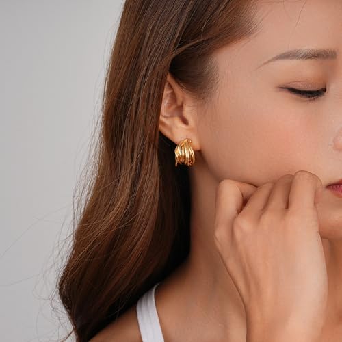 Sylph Chunky Gold Earrings 14K Gold Plated Statement Earrings for Women Trendy Hypoallergenic Textured Hoop Ribbed Huggie Earrings - style: Strand Twisted-18K Gold Plated