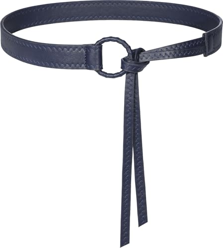 Knotted Waist Belt for Women PU Leather Thin Strap Belt for Dresses - color: Navy Blue