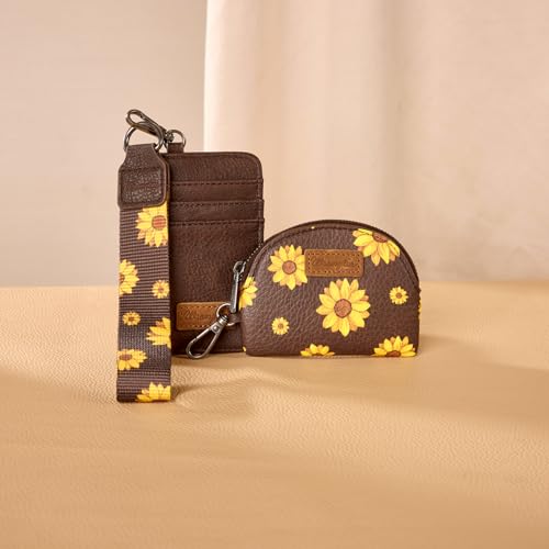 Wrangler KeyChain Wristlet Wallets for Women Sunflower Floral Dual Pouch Wristlet Western Credit Card Holder Wallet with Zipper Pocket - color: Sunflower Coffee
