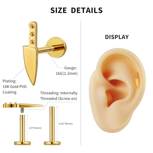 FINE4U 1PC ASTM F136 Titanium Internally Threaded Piercing Jewelry Stud 16G 6mm 8mm for Helix, Tragus, Conch, Flat - color: Knife - Gold