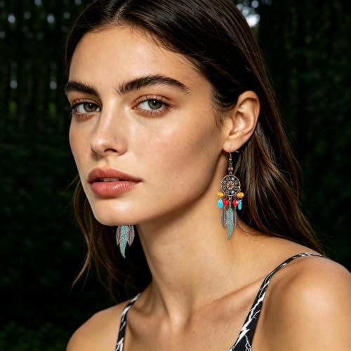 Boho Turquoise Drop Earrings Retro Long Copper Feather Tasse Metal Leaf Dangle Earrings Vintage Country Western Jewelry Cowgirl Ethnic Style Geometric Concert Festival Accessories for Women - color: Red Yellow