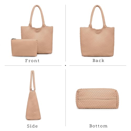 Woven Tote Bag for women,Vegan Leather Woven Satchel Handbag,Shoulder bag with Pouch,Hobo bag fits13-14” laptops - color: Apricot