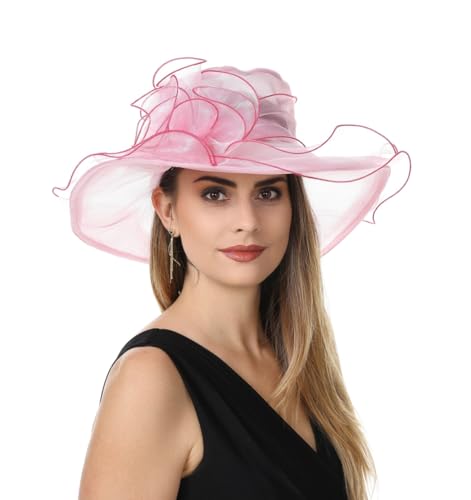 SAFERIN Women's Organza Church Fascinator Bridal Tea Party Wedding Hat - color: Tz-pink Rose Red