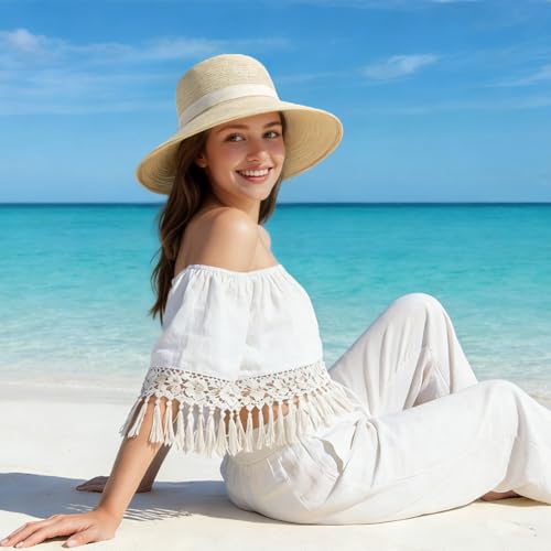 Beach Hats for Women Summer Straw Sun Hats Wide Brim Hat Foldable Packable for Travel Vacation - color: Beige