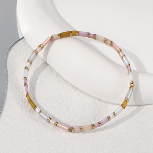 Tila Flat Beaded Stretch Bracelet for Women,Bohemian Friendship Bead Bracelets Handmade Stack Boho Jewelry Accessory for Everyday Wear, Vacation and Friend Gifts - color: pink