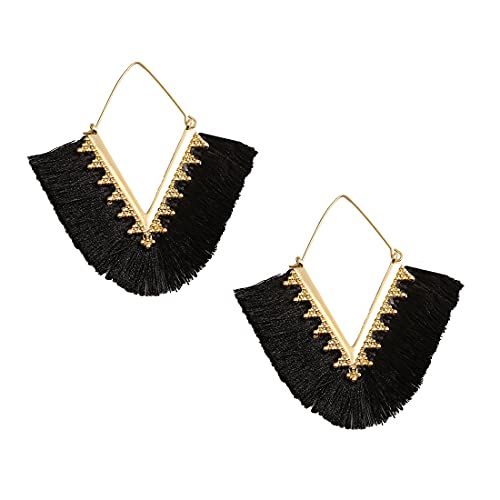 Tassel Hoop Earring Statement Thread Dangle Earrings Stylish Long Fringe Drop Earrings Lightweight Long Swingy French Hook Earrings for Women - color: A Black