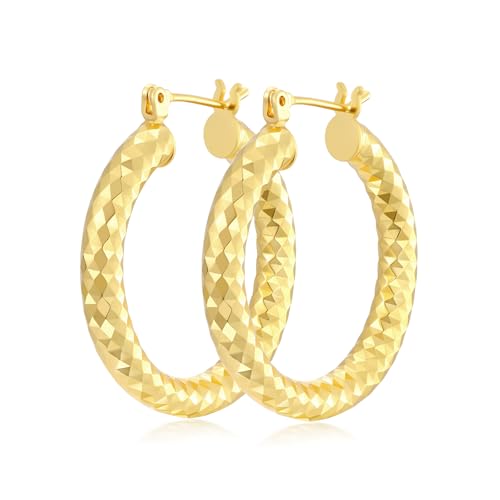 Gold Plated Hoop Earrings for Women 14K Gold Plated Earrings for Women Hypoallergenic Lightweight Wrinkle Texture Earrings Womens 20mm/25mm/30mm - size: 30mm
