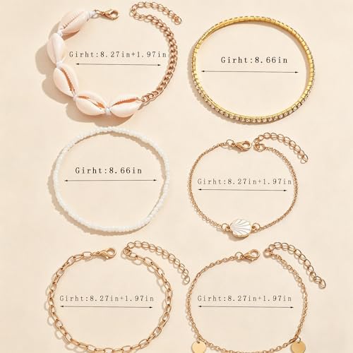 Beach shell sea star sea bead anklet set for Women, adjustable gold-plated Bohemian shell bracelet for ankle Fashion Layered anklet - color: Shell Disc 6Pcs