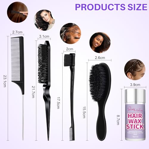 START MAKERS Hair Wax Stick and Slick Back Hair Brush Set for Women Kids Men 5PCS, with Edge Brush, Teasing Brush, Rat Tail Comb & Mini Boar Bristle Brushes for Flyaways, Control, Sleek, Ponytail Buns