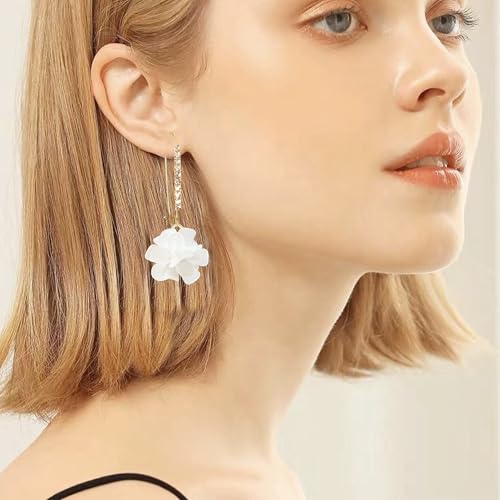 Boho Flower Dangle Earrings for Women Long Drop Resin Acrylic Tiered Petal Statement Earrings Handmade Lightweight Vintage Floral Chunky Drop Jewelry - color: White