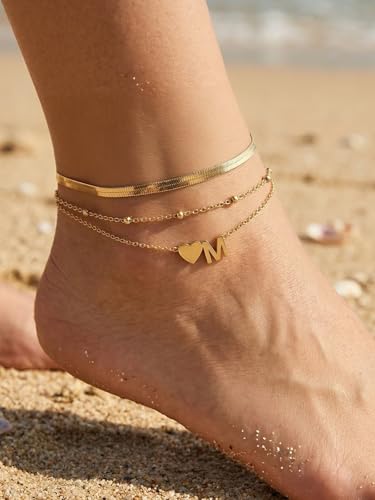 Silvora Ankle Bracelets for Women Waterproof 14K Gold/Silver/Black Initial Anklet for Women Dainty Layered Heart Ankle Bracelets Stainless Steel Adjustable Foot Chain Anklet Summer Beach Jewelry - color: Gold-14K Gold Plated, size: 16.P