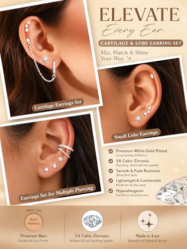 LOYALLOOK Hypoallergenic Flat Back Stud Hoop Earrings for Women, 14K Gold Plated Surgical Steel Earring Stacks Set for Sensitive Ears, Dainty Dangle Chain Silver Cartilage Earring Trendy Piercing Jewelry - color: Silver-cuff
