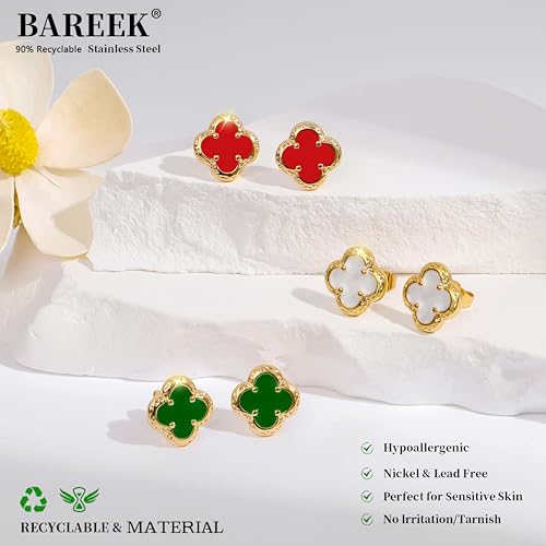 Elegant Black Onyx Clover Stud Earrings, 14K Gold Plated Four Leaf Hypoallergeinc Stud Stainless Steel Flower Earring Lucky Simple Jewelry Gift for Women Shiny Multiple Onyx Colors - color: Red Clover Stud Earrings