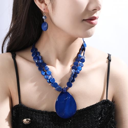 Big Teardrop Pendant Necklaces for Women Colorful Beaded Necklaces Statement Set for Holiday. - color: Blue