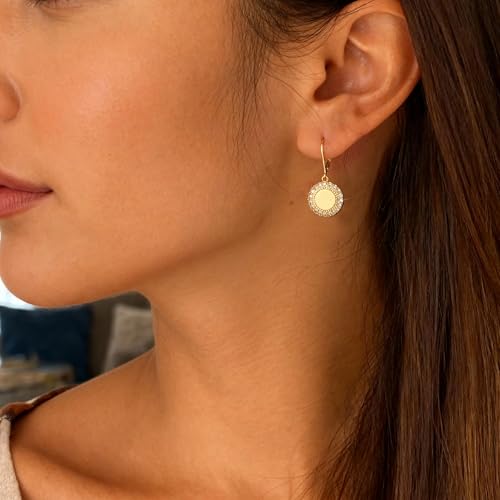 Disc Dangle Earrings for Women, 14K Gold Plated Flat Hypoallergenic Drop Earrings, Silver Classic Coin Leverback Earrings for Women Jewelry Gifts - color: B-14K Gold