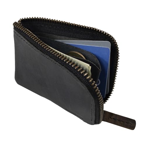 Hide & Drink, Full Grain Leather Zippered Card Wallet for Men and Women, Coin Pouch, Money Holder, Pocket Organizer, Handmade, Charcoal Black - color: Charcoal Black