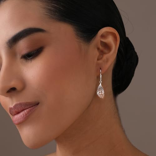 LeCalla 925 Sterling Silver Drop Earrings | Lever-Back Drop Earrings | Hypoallergenic Silver Teardrop Leverback Dangle Earring for Women Jewelry Gifts - color: Boho Leaf Drop-38MM