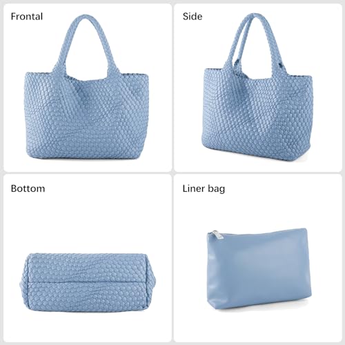 Woven Tote Bag Womens Purse Vegan Leather Shoulder Handbags Fashion Summer Beach Tote Bags Large Travel Totes - color: Blue
