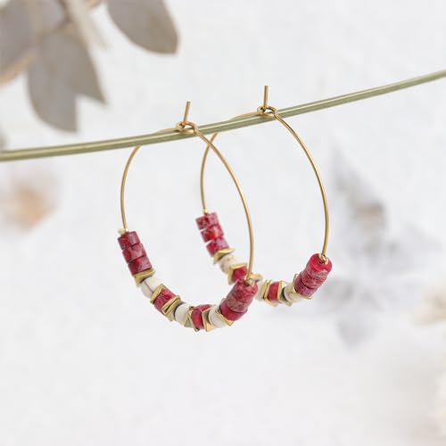Natural Stone Beaded Hoop Earrings for Women, Boho Handmade Lightweight Hypoallergenic Trendy Summer Beach Accessories Fashion Jewelry Gift - color: red