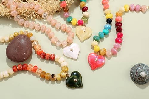 Elegance 11 designs Chunky Heart Necklace for Women, Colorful Acrylic Beaded Statement Puff Heart Necklace, Cute Boho Y2K Choker Necklace for Gift Jewelry - color: Green Heart Pendant Necklace