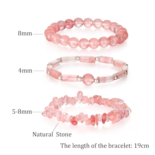 3Pcs Natural Stone Bracelets for Women 8mm Crystal Beaded Bracelets Handmade Stretch Bracelet Healing Crystal Jewelry for Women - style: Watermelon Cherry Quartz