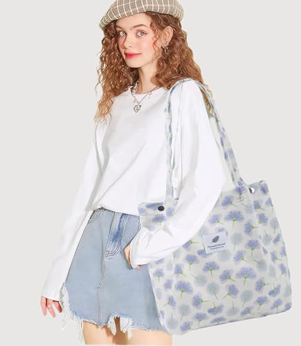 Corduroy Tote Bag for Women Small Canvas Shoulder Purse Cord Handy Bag with Inner Pocket | with Front Pocket - color: 03 Floral-1
